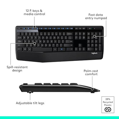 Logitech MK345 Full Size Wireless Keyboard and Mouse Combo - Black | Full size keyboard with integrated palm rest, compact right handed mouse, connect via single included USB-A Nano Receiver - size: 1 Pack, style: Combo