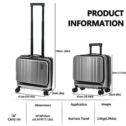 TydeCkare 16" Carry on Luggage with 2 Laptop Compartments, Lightweight Hardshell ABS+PC Suitcase with Dual Control TSA Lock, with YKK Zipper, 4 Spinner Silent Wheels, for Business Travel, Silver Grey - color: Silver Grey