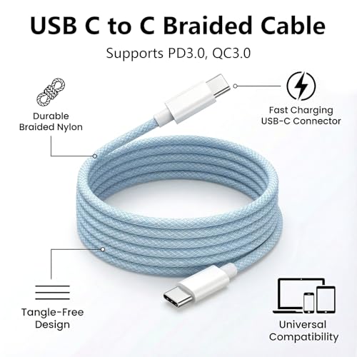 USB C to C Charger Cable, 60W, 6FT, 2-Pack, Blue | Fast Charging, Braided Nylon, for iPhone 17/16/15, MacBook iPad, Galaxy S25/S24 - color: Blue, size: 6FT+6FT