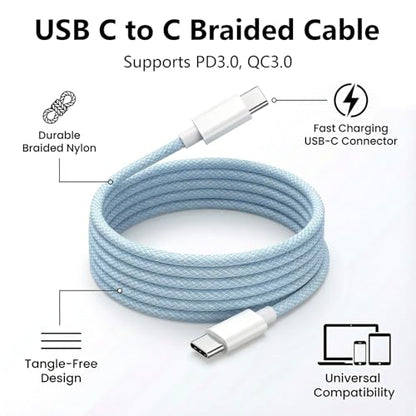 USB C to C Charger Cable, 60W, 6FT, 2-Pack, Blue | Fast Charging, Braided Nylon, for iPhone 17/16/15, MacBook iPad, Galaxy S25/S24 - color: Blue, size: 6FT+6FT