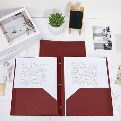 Lincia 100 Pcs Plastic Folders with Pockets and Prong Folders with Prongs 2 Pockets for Office, School for Students, Teachers, Office Workers (Dark Red) - color: Dark Red