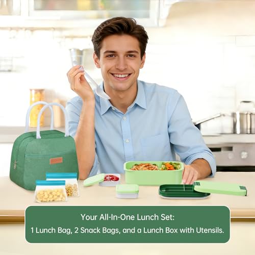 JBGOYON 4-in-1 Bento Box and Insulated Lunch Bag Set, Green | 6-hour insulation, 7.5 L lunch bag, leakproof 1.9 L container with 2 sauce cups, fork and spoon, 2 snack bags, BPA-fre - color: Dark Green