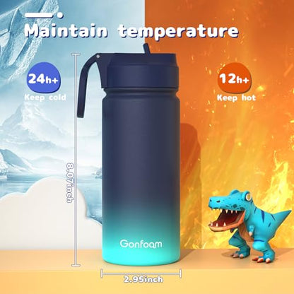 Gonfoam 16oz Kids Stainless Steel Insulated Water Bottle | DIY Stickers, BPA-free, Leak-proof, Sturdy, Keeps Cold 24h, Easy to Carry, Easy to Clean, Back to School, Gifts - color: Blue and Green, size: 16 Ounces