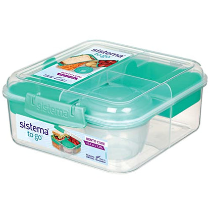 Sistema To Go Collection Bento Box Cube Plastic Lunch and Food Storage Container, 5.3 Cup, Multi-Compartment, Color Varies, BPA Free