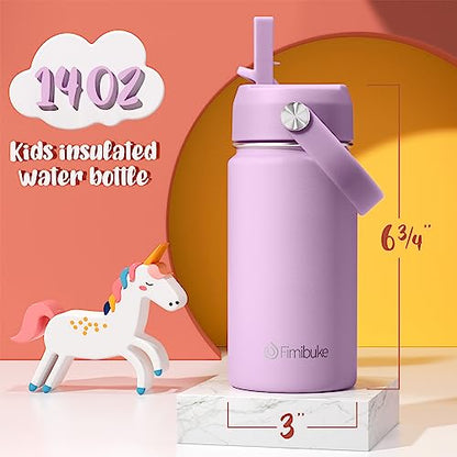 Fimibuke Kids Insulated Water Bottle, 14oz BPA FREE Double Wall Vacuum Tumbler 18/8 Stainless Steel Leak Proof Kids Cups with Straw Metal Water Bottle for School Boys Girls (2 Pack, Milky Pastel) - color: B5. Milky Pastel