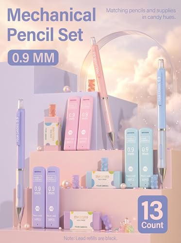 Four Candies 0.9mm Cute Mechanical Pencil Set, 3-Pack with Storage Case | 360 Leads, 3 Erasers+9 Refills, Pink/Purple/Blue Barrels, Non-Slip Grip, Bold Lines for Notes, Sketching & Marking - style: 0.9mm