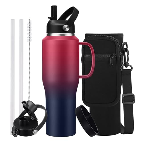 Insulated Water Bottle 32 OZ - with Straw & Pop-up Spout Lid, Keep Cold-48H Hot-12H, Stainless-Steel with handle for Women Men, Metal Flask Water Bottle Fits in Cup Holder - color: Rose&Purple, size: 32 ounces with handle