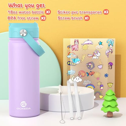 GoKEDA 18oz Kids Water Bottle, Stainless Steel Straw Cup - color: Purple