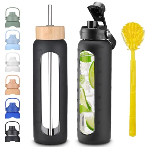 32 oz 1L Borosilicate Glass Water Bottle with Bamboo Lid, Stainless Steel Straw, 2 Leak-Proof Lids, Silicone Sleeve, BPA Free for Gym, Office, Home & Travel - color: Black, size: 32 Ounces