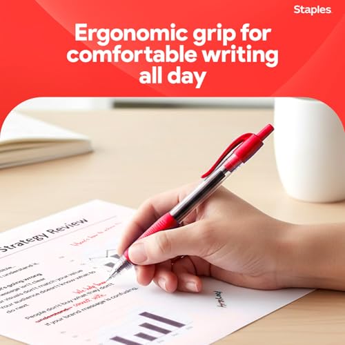 STAPLES Retractable Gel Pens, Fine Point, Red Ink, 12 Pack – Smooth Writing, Quick‑Dry Pens for Notes, Editing & Office Use - color: Red, size: 12 Pack, style: Fine Point