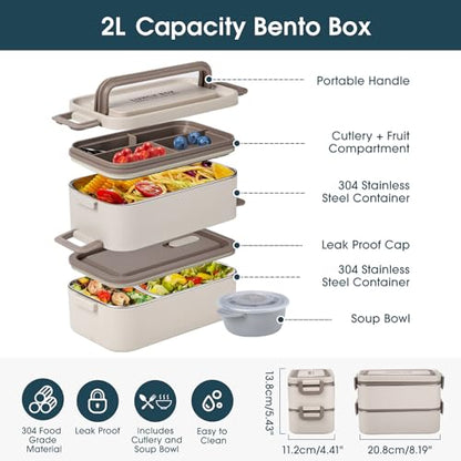 Bento Box Adult Lunch Box, Stackable 2 Layer 304 Stainless Steel Lunch Container for Adults Kids Office, 2L Capacity Portable Lunch Box Containers with Soup Bowl Spoon and Fork - size: 2 Layers