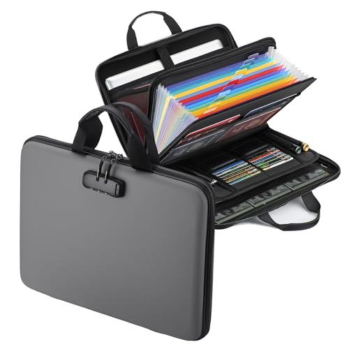 Fireproof Document Box with Lock, Hard-Shell Case Fireproof File Organizer with 13 Pocket Accordion File Folder, Portable Home Office Travel Safe Storage for Important Documents Laptop - color: Dark Gray