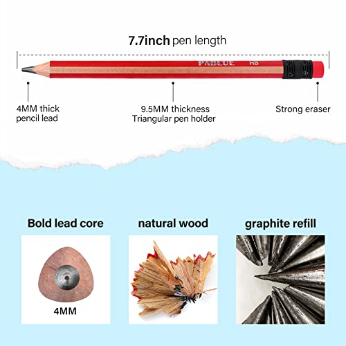Triangular Jumbo Pencils, HB Pre-Sharpened with Eraser, Red, 6 Pcs | Fat, Thick, Strong Wood Triangular Design for Beginners for Writing, Drawing, School, Art, Sketching and Shading - color: Red, style: HB Lead