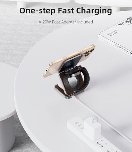 Foldable Magnetic Wireless Charger, KU XIU Aluminum Alloy 3 in 1 Charging Station for Apple, Fast Charging Travel Charger for iPhone 17 16 15 14 13, 5W for Apple Watch Ultra, AirPods, Leather Texture - color: Leather Texture