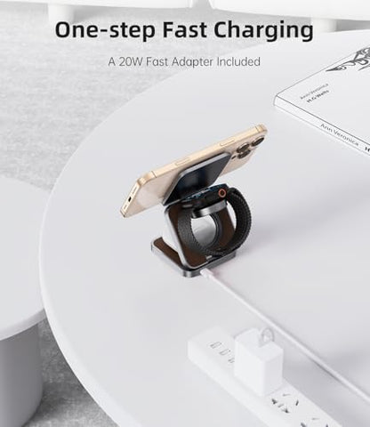 Foldable Magnetic Wireless Charger, KU XIU Aluminum Alloy 3 in 1 Charging Station for Apple, Fast Charging Travel Charger for iPhone 17 16 15 14 13, 5W for Apple Watch Ultra, AirPods, Leather Texture - color: Leather Texture