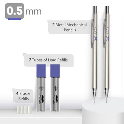 Mr. Pen- Metal Mechanical Pencil Set with Lead Refills & Erasers, 2 Pack | 0.5mm, 4x Tubes 2B Lead Refill, 4x Eraser Refills for School Supplies, Note Taking, Drawing, Sketching, Office - style: 0.5mm