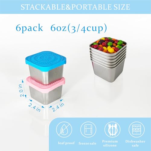 F.Y.Dreams 304 Stainless Steel Snack Containers for Kids, (6oz, Set of 6) Stackable Small Food Containers with Leakproof Silicone Lids, Metal Toddler Lunch Boxes for Daycare and School