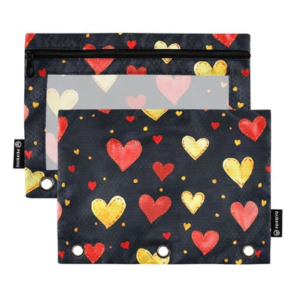 Fustylead Red and Yellow Hearts Big Capacity Pencil Bag Fits 3 Ring Binders, Waterproof Pencil Case with Clear Window for School Cosmetic Office Students Supplies 2 Pack - color: Black01