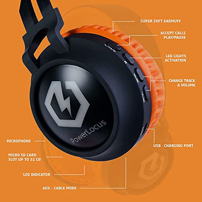 PowerLocus Kids Headphones Wireless, Bluetooth Headphones for Kids Over Ear, LED Lights, 85dB Safe Volume Limit, Foldable, Micro SD Mode, Built-in and Line-in Microphone for Phones,Tablets,Laptop - color: Black/Orange