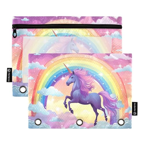 MCHIVER Pink Unicorn Rainbow Cloud Pencil Pouch for 3 Ring Binder Pencil Pouches with Zippers Clear Window Binder Pockets Pencil Bags for Work Office Daily 2 Packs - color: Pink Unicorn Rainbow Cloud