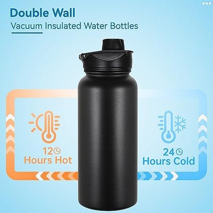 VEGOND 32 oz Insulated Water Bottle Stainless Steel Metal Water Bottles with Leak Proof Straw Lid & Spout Lid, Wide Mouth Double Walled Vacuum Travel Sports Bottle, Black - color: Black, size: 32 Ounces