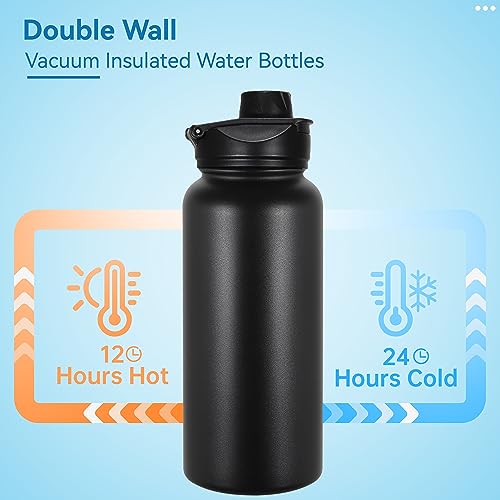 VEGOND 32 oz Insulated Water Bottle Bulk Stainless Steel Metal Water Bottles with Leak Proof Straw Lid & Spout Lid, Wide Mouth Double Walled Vacuum Travel Sports Bottle, 8 Pack - color: Black, size: 32oz-8 Pack