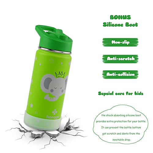 16 oz Stainless Steel Insulated Kids Water Bottle, Leak Proof Metal Thermal Flask with Straw lid, Cute Toddler Tumbler Cup for School Girls & Boys (Green, Elephant) - color: Green, Elephant