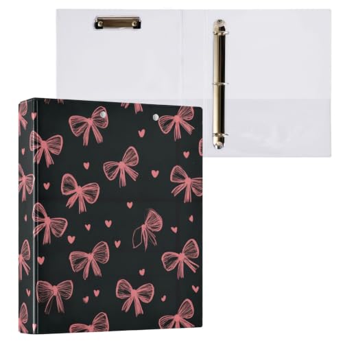 Pink Bow Mini Heart 3 Ring Binder 1.5 Inch | Binder with Clipboard PVC Pockets Fits 8.5 x 11 Inch Paper Holds 200 Sheets for School and Office Supplies