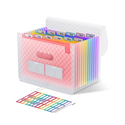 ThinkTex Accordion File Organizer, 12 - Pocket Expanding File Folders | for Paper Receipts, Bills & Taxes Organizer, Letter/A4 Size Document Holder for School, Office, home with Colorful tabs- Pink - color: Pink