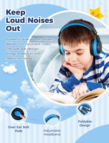 iClever BTH12 Kids Bluetooth Headphones,Colorful LED Lights,74/85dBA Safe Volume,85H Playtime,Bluetooth 5.2,Over Ear Wireless Headphone Built-in Mic for iPad/Tablet/Airplane, Deep Black - color: Black/Blue