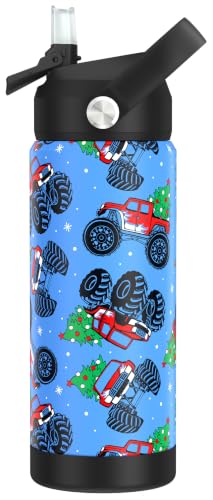 Boys Monster Truck Christmas Water Bottle for School，Kids 18 oz Insulated Stainless Steel Cup with Straw, Double-Wall Vacuum Leakproof - color: C12.Monster Truck-Christmas