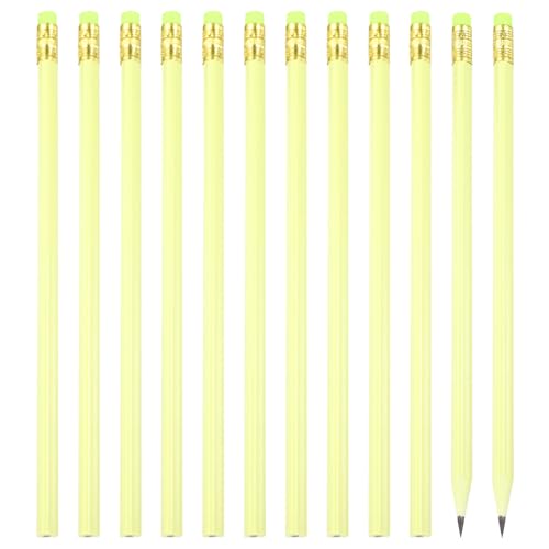 PATIKIL Round Pencils, 12 Pcs Triangle HB Graphite Pencil Wooden Pencils with Eraser for Classroom Office Writing Drawing Supplies, Yellow - color: Light Yellow