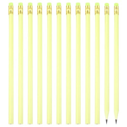 PATIKIL Round Pencils, 12 Pcs Triangle HB Graphite Pencil Wooden Pencils with Eraser for Classroom Office Writing Drawing Supplies, Yellow - color: Light Yellow