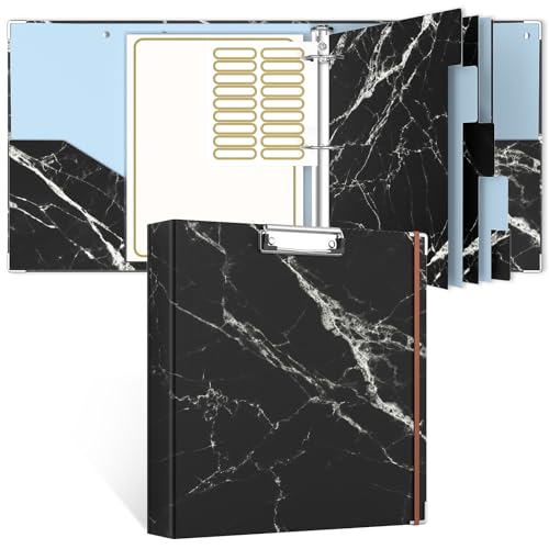 Rouidr 3 Ring Binder, 2 Inch Round Ring Binder Organizer with Clipboard, 5 Dividers Tabs, A4 8.5 x 11 Inch Paper & Clear Sleeves for School, Office Supplies, Black Textured Marble - color: Black Textured Marble, size: 2in(Letter Size)