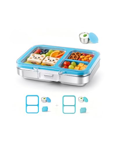 Leak-Resistant 18/8 Stainless Steel Bento Lunch Box Kids 7+ and Adults | 2 Swappable Style Accessories, BPA-Free Tritan Lid, Dishwasher Safe, School, Office & Travel - color: Blue
