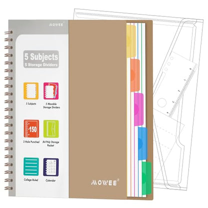 5-Subject Spiral Notebook, College Ruled, with Pocket & Tab Dividers | 300 Pages, 11" Ruler, 8.5"x11" Brown, Pocket Dividers with Tab Labels, for Writing Journal, Home, Office & School Supplies - color: Brown(300 page)