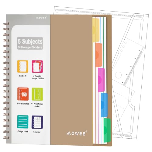 5-Subject Spiral Notebook, College Ruled, with Pocket & Tab Dividers | 300 Pages, 11" Ruler, 8.5"x11" Brown, Pocket Dividers with Tab Labels, for Writing Journal, Home, Office & School Supplies - color: Brown(300 page)