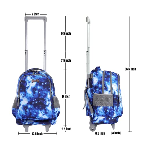 seastig Rolling Backpack 18in Double Handle Backpack Kids Wheeled Backpack Roller Backpack with Lunch Bag Set Girls Boys - color: Blue Starry Sky