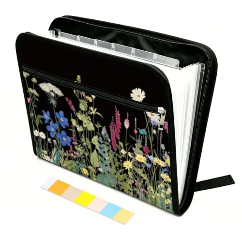 WEBEEDY Flower Expanding File Folder 13 Pockets Dark Background Wildflower Accordion File Folder with Labels and Zipper, Portable Expandable Document Organiser for A4 Paper Photo Receipt Paperwork - color: Flowers Against a Dark Background