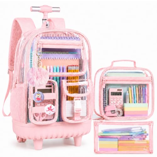 WZLVO 3PCS Clear Backpack Rolling Backpack for Girls, Heavy Duty PVC Transparent Bookbag, See Through School Bags with Wheels for Teens Women Elementary Travel - Pink - color: Pink