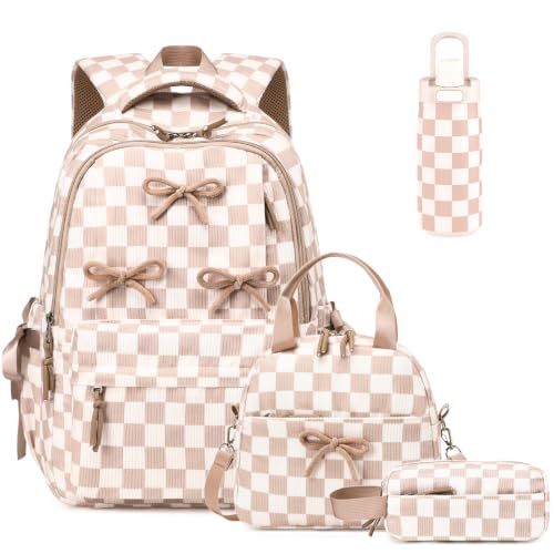 Backpack for Girls, Corduroy 4PCS Bow Girls Backpack with 14oz Insulated Water Bottle, Lunch Bag & Pencil Pouch, Lightweight School Bag Set for Kids Teen Elementray Middle School Student - color: Cream Checkered
