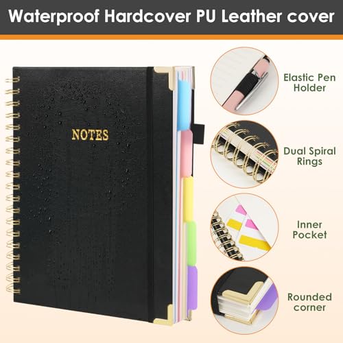 LABUK Leather Spiral 5 Subject Notebook with Removable Dividers Tabs, 300 Pages B5 Hardcover Spiral Notebook, 8"x10" Journal for Work School Note Taking, College Ruled Journal for Women, Black - color: 2-black