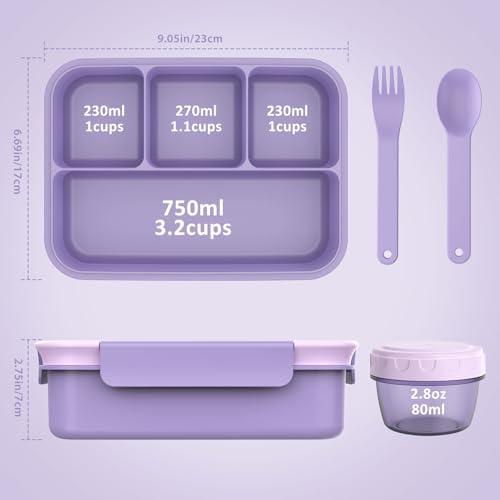 Caperci Bento Box Adult - 50 oz Large Lunch Containers for Adults and Teens, 4-Compartment Bento Lunch Box with Utensils & Leak Proof Sauce Cup, Dishwasher Safe, Durable, BPA-Free (Lavender) - color: Lavender