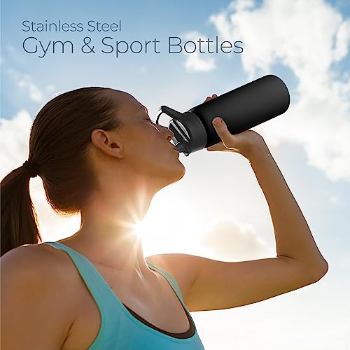 SipX™ Insulated Water Bottle with 3 Lids 25 oz (750 mL). Leakproof Stainless Steel, Triple Insulated – Cold 24 Hours/Hot 12 Hours – Durable Bottle for School, Gym, Travel – Black - color: Black, size: 25 Ounces