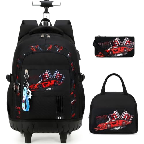 ACESAK Rolling Backpack for Boys, Kids Backpack with Wheels Portable with Insulated Lunch Box & Pencil Case, Multi-Pocket Roller Backpack for Preschool Kindergarten Kids Boys Travel(Red Car) - color: Red Car