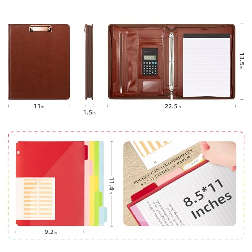 Ospelelf 3 Ring Binder Portfolio Folder with Zipper- Leather Padfolio with Clipboard Storage- Calculator, 12.1” Tablet Sleeve, 5 Dividers with Pocket, Refillable Notepad, Card Slot (Red Brown) - color: Red Brown