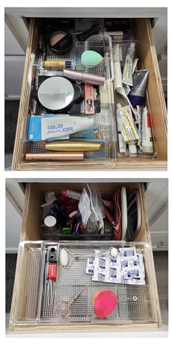 Oubonun Expandable Drawer Organizer 11.1” to 19.2” Width, Shallow Cosmetic Organizer 1.3” Height, 2 Packs, Clear Plastic Storage Trays for Dressing Table,Bathroom - style: Shallow 2 Packs
