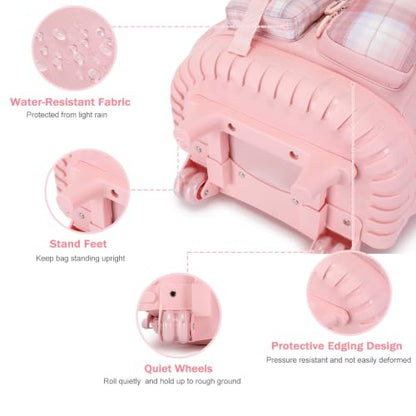 Bevalsa Rolling Backpack for Girls, Roller Backpack with Wheels, Cute Bow Plaid Wheeled School Bookbag Set with Lunch Bag & Pen Case, Suitcases for Kids Teens Elementary Middle Student (Pink) - color: Pink Plaid