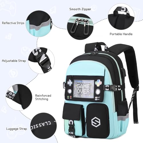 Scothen Boys Backpack, Cool Luminous School Backpacks for Boys with Lunch Bag Pencil Case, Kids Backpack Kindergarten Elementary Middle School Book Bags for Teen Boy Children with USB Charging Port - color: Green