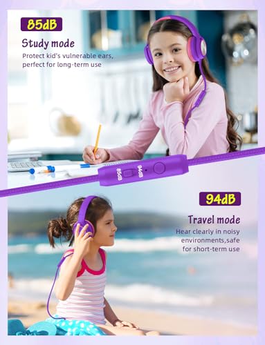 Voopwink Kids Headphones with Microphone, Wired Over Ear Headsets with Limited Volume 85dB/ 94dB for Boys Girls Teens Children Online School/Travel/iPad/Tablet/Cellphone - color: Purple, size: Plug 3.5mm
